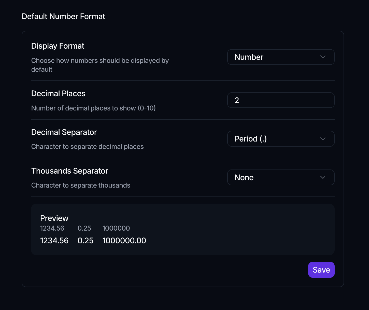 The Default Number Format section with Display Format set to Number, Decimal Places 2, Decimal Separator Period, Thousands Separator None, a live Preview, and a Save button.