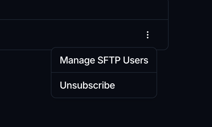 An integration row's menu open, showing Manage SFTP Users and Unsubscribe.
