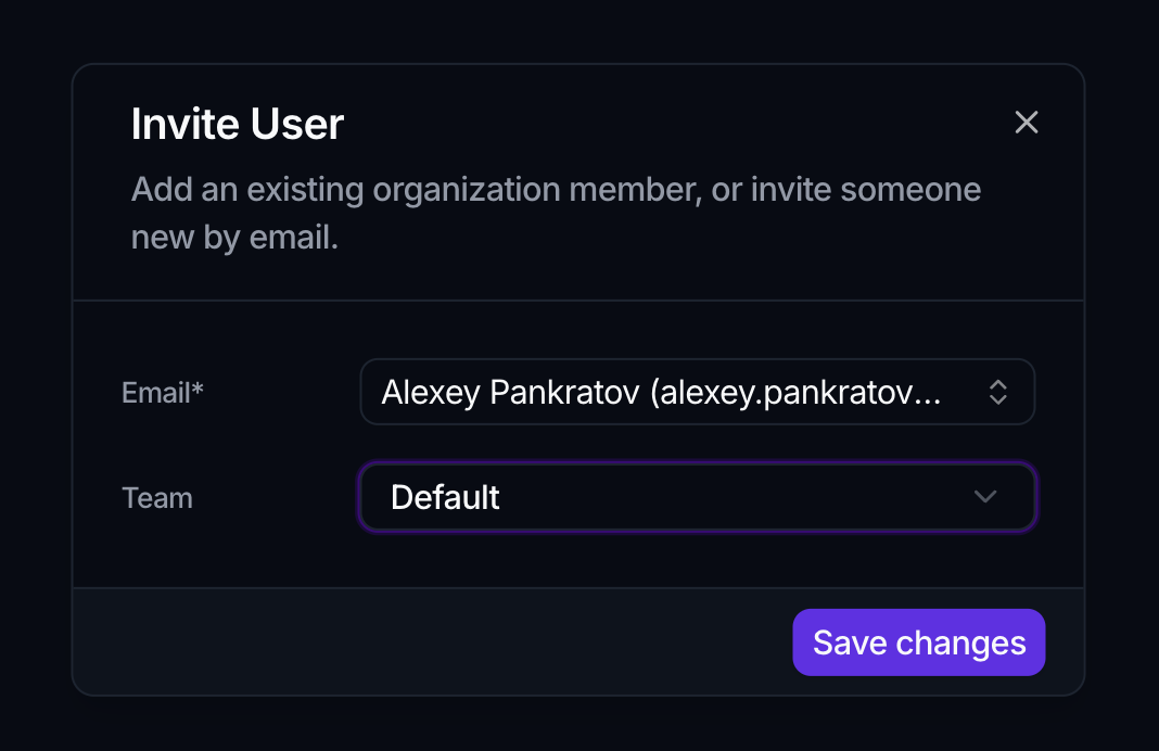 The Invite User dialog with an Email selector showing an existing organization member, a Team selector set to Default, and a Save changes button.