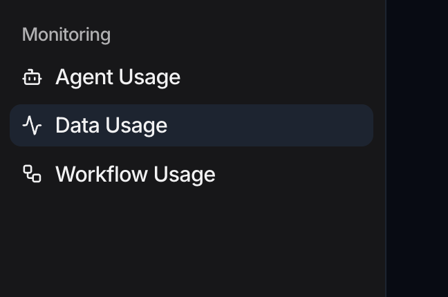 The Monitoring group in the Settings sidebar with Agent Usage, Data Usage (selected) and Workflow Usage.
