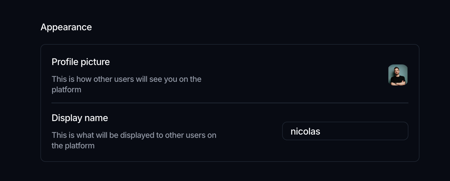 The Appearance section with a Profile picture row showing an avatar, and a Display name row with a text field reading nicolas.