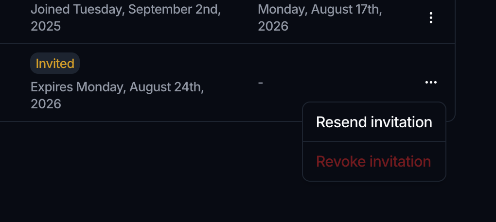 A pending member row marked Invited with its row menu open, showing Resend invitation and Revoke invitation.