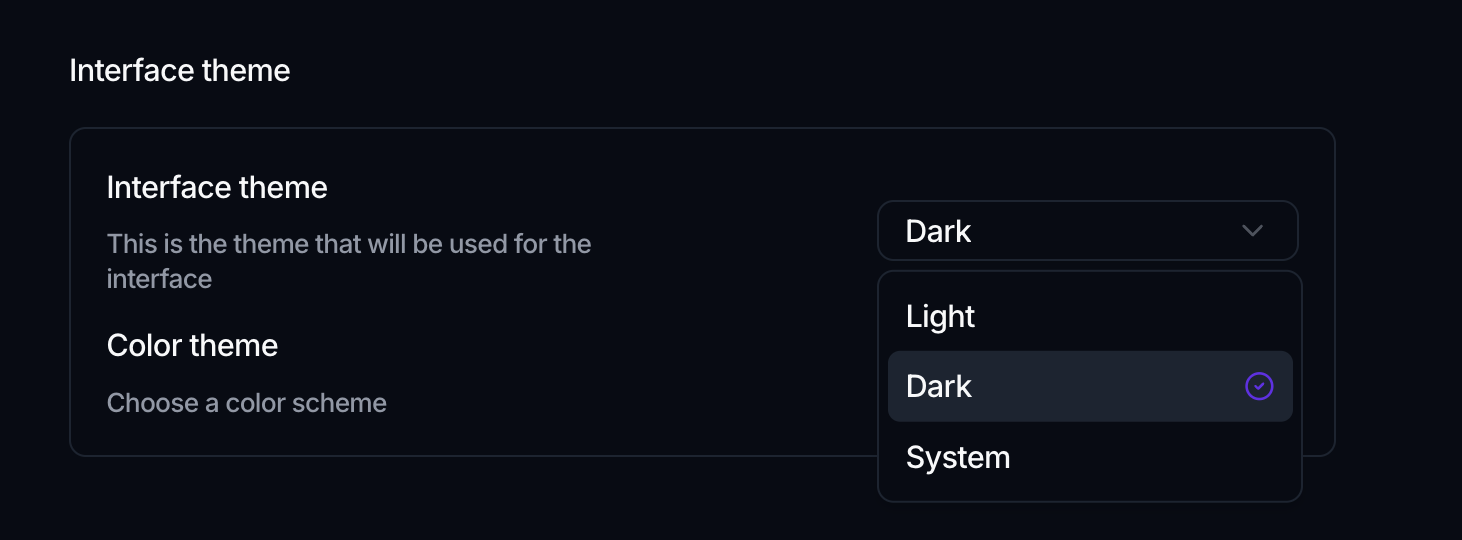 The Interface theme section with a dropdown open on Light, Dark (selected) and System, and a Color theme row below.