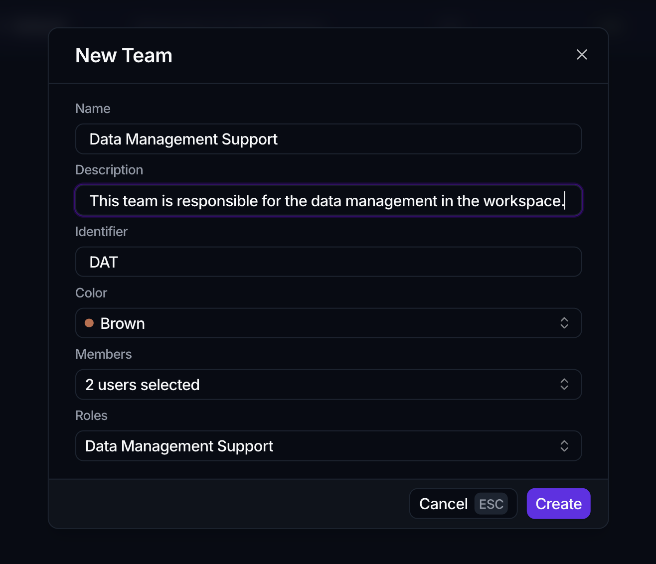 The New Team dialog with Name, Description, a 3-letter Identifier (DAT), a Color selector, a Members selector reading 2 users selected, and a Roles selector.