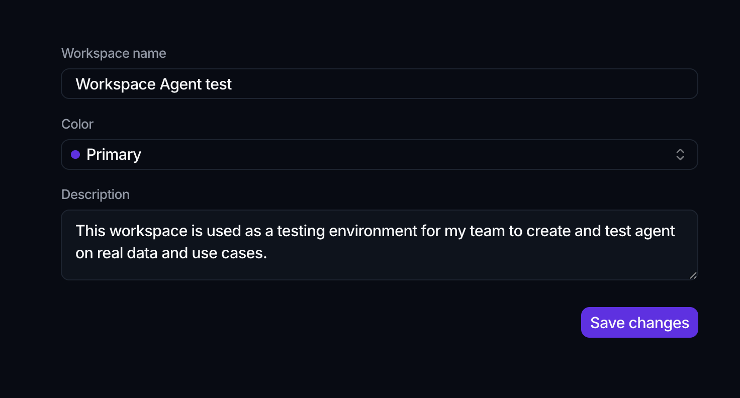 The General settings form with a Workspace name field, a Color selector set to Primary, a Description textarea, and a Save changes button.
