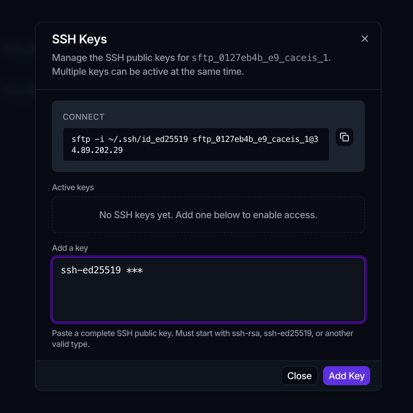 The SSH Keys dialog with a ready-to-copy Connect command, an empty Active keys list, an Add a key textarea, and an Add Key button.