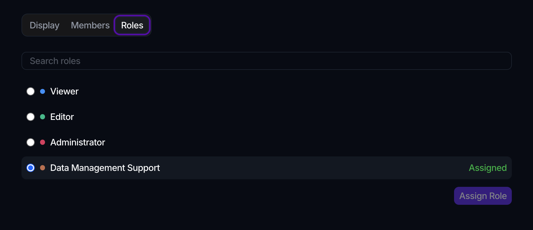 A team's Roles tab with Display, Members and Roles tabs, a Search roles box, radio-button rows for Viewer, Editor, Administrator and Data Management Support (marked Assigned), and an Assign Role button.