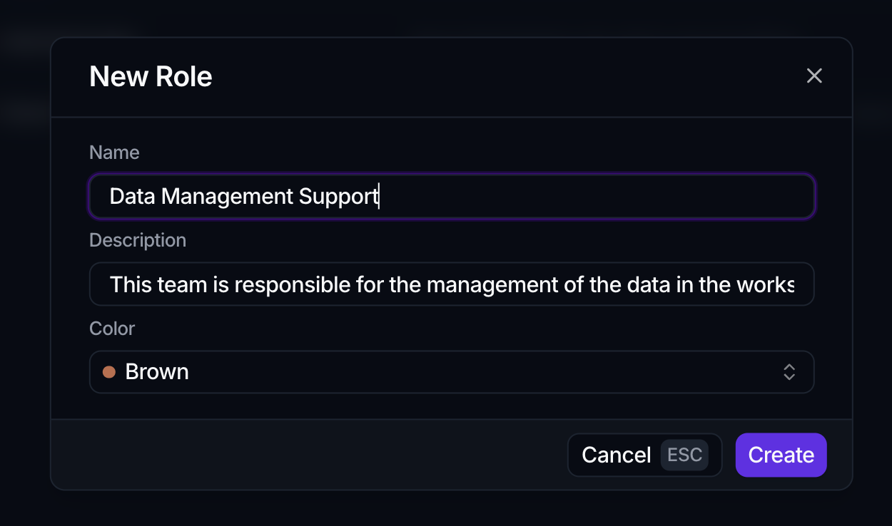 The New Role dialog with Name, Description and Color fields, and Cancel and Create buttons.