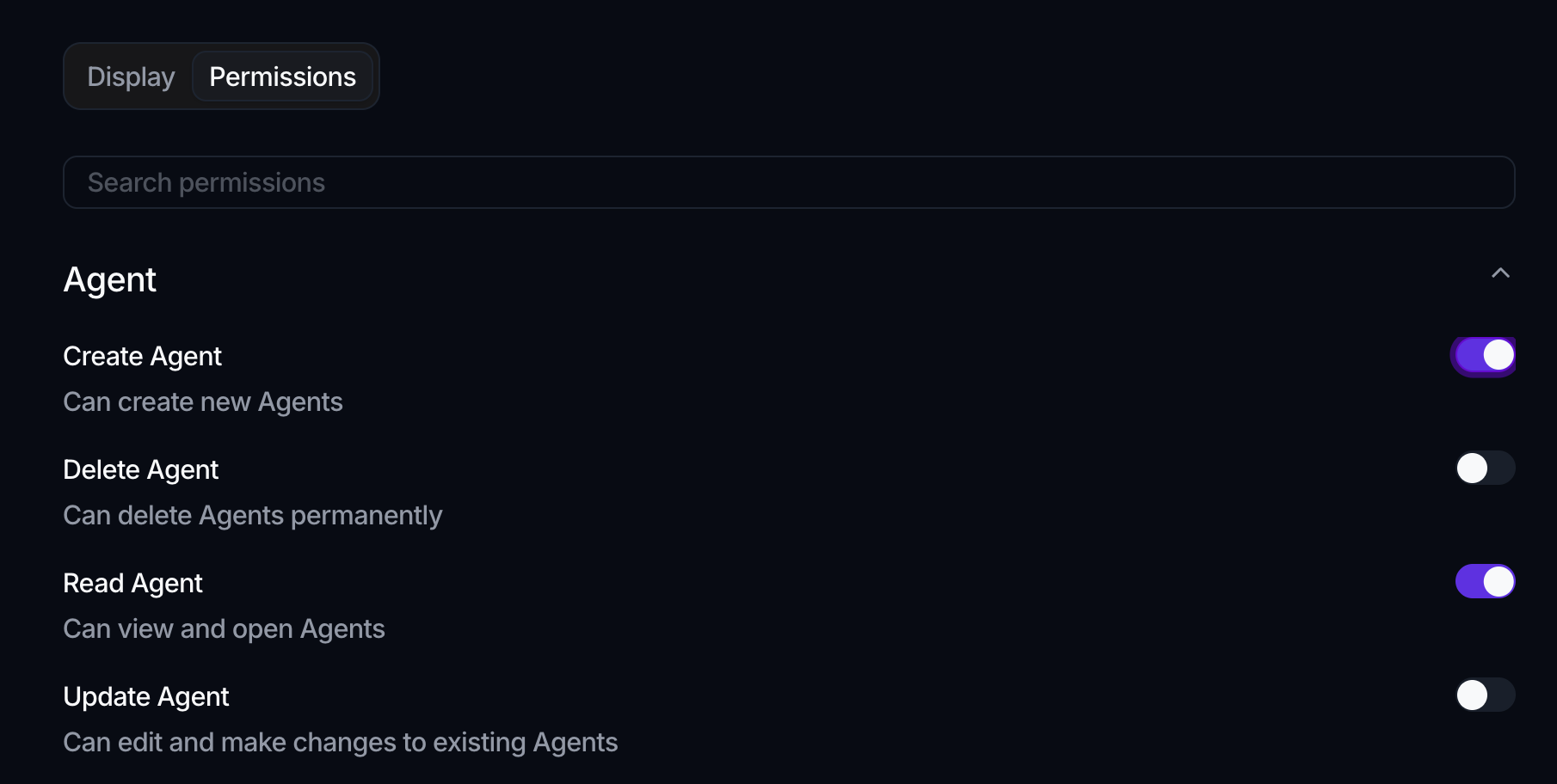 A role's Permissions tab with Display and Permissions tabs, a Search permissions box, and an expanded Agent group showing Create Agent, Delete Agent, Read Agent and Update Agent, each with a toggle.