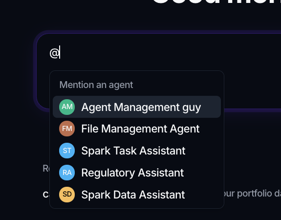Typing @ in the composer opens a Mention an agent list of the workspace's agents.