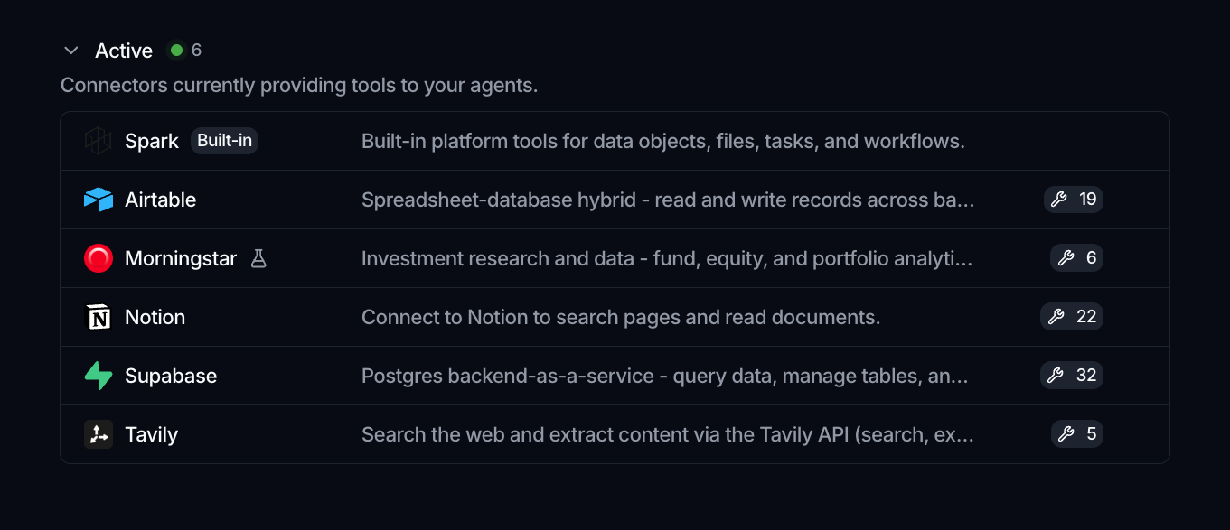 The Connectors page with an Active section (including the built-in Spark connector) and an Available section of connectors to activate.
