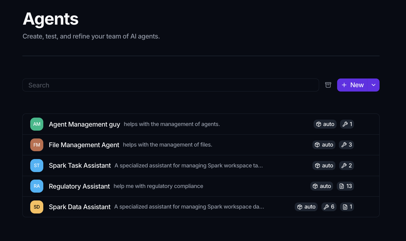The Agents page listing existing agents, each with its model and tool counts, plus a Search box and a New button.