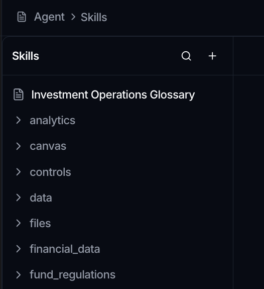 The Skills page catalog pane, with a search box, a + button, and skills grouped by domain.