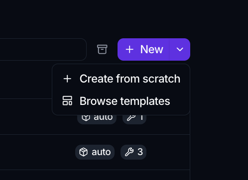 The New split button open, showing Create from scratch and Browse templates.
