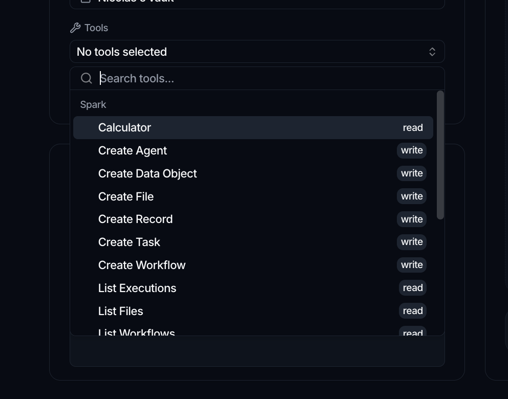 The Tools selector open in the agent editor, grouped under Spark, with a search box and read/write tags on each tool.