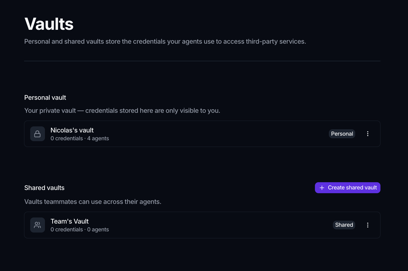 The Vaults page with a Personal vault section and a Shared vaults section, each vault showing its credential and agent counts.