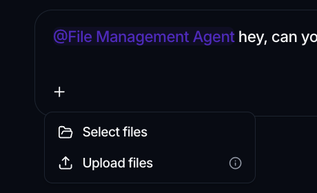 The Add menu in the composer showing Select files and Upload files.