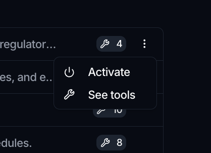 A connector's more menu open, showing Activate and See tools.