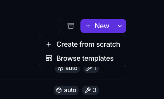 The New split button open, showing Create from scratch and Browse templates.