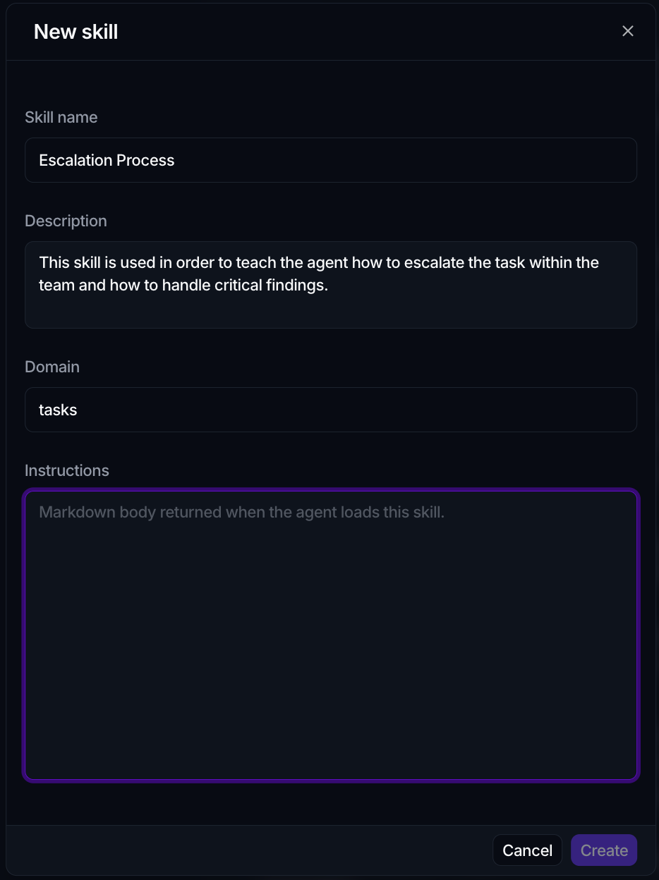 The New skill dialog with Skill name, Description, Domain and Instructions fields and a Create button.