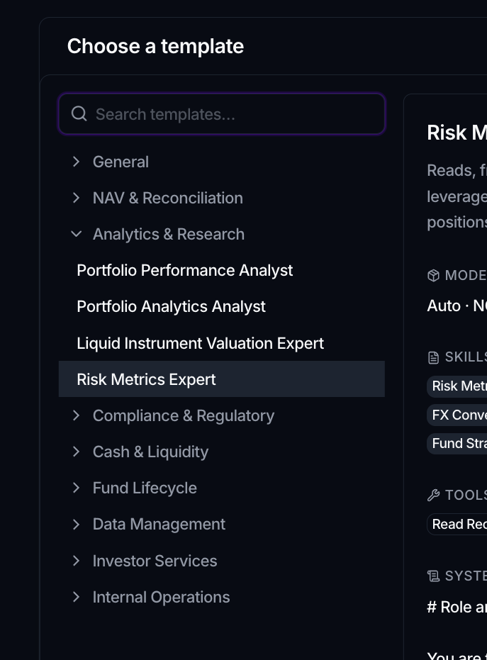 The Choose a template dialog with templates grouped by area on the left and a selected template's Model, Skills, Tools and System Prompt on the right.