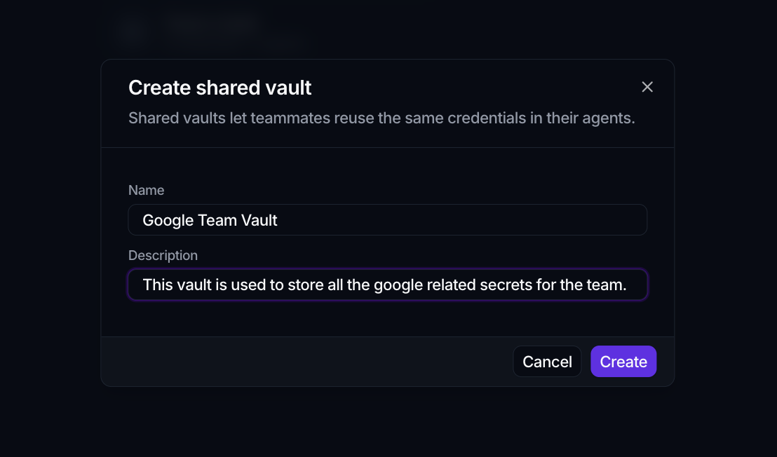 The Create shared vault dialog with Name and Description fields.
