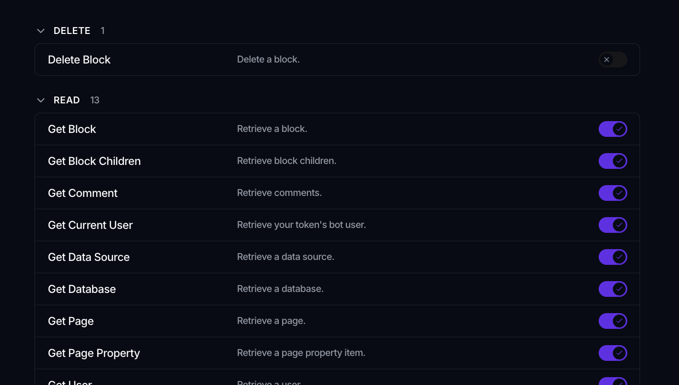 A connector detail page listing its tools grouped by area, each with an Allow toggle.