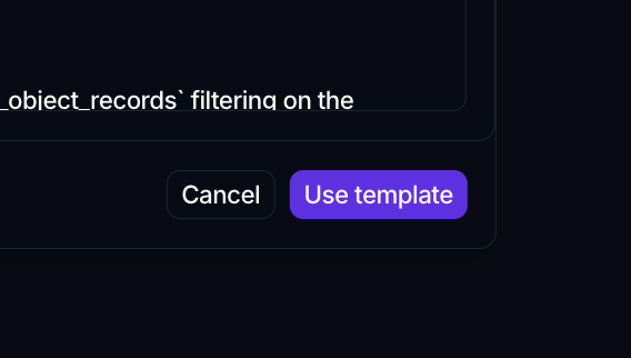 The template dialog footer with Cancel and Use template buttons.