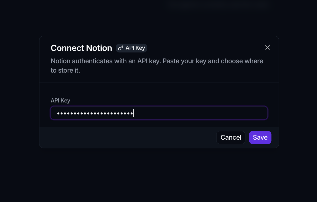 The Connect dialog for an API-key connector, with a masked API Key field and a Save button.