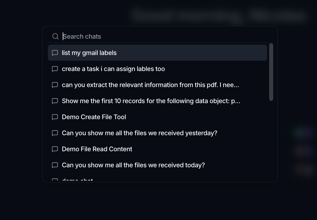 The Search chats panel listing past conversations by their opening message.
