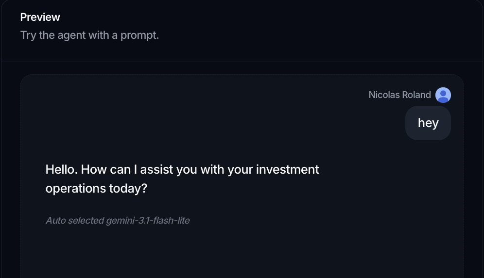 The Preview panel showing a short test conversation with the agent and a prompt box.