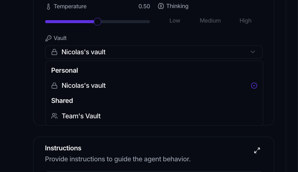 The agent editor's Vault field open, listing the Personal and Shared vaults to choose from.