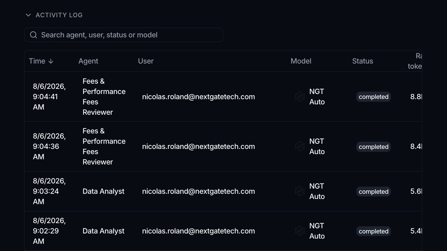 The Activity log expanded, with a search box and a table of individual agent calls showing Time, Agent, User, Model and Status.