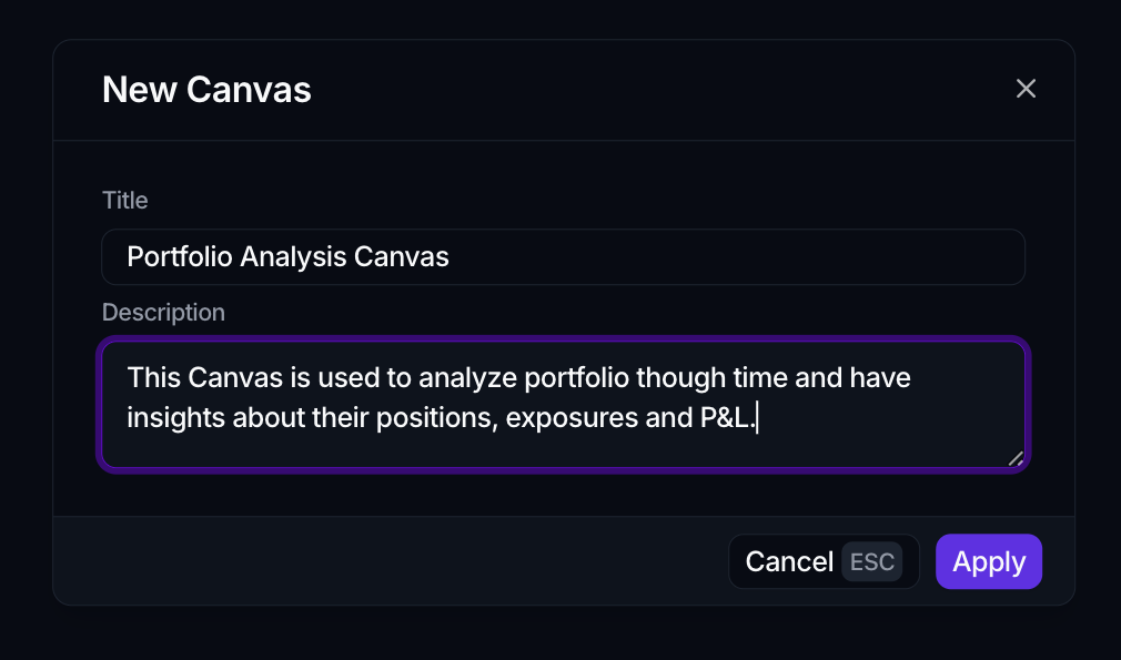 The New Canvas dialog with a Title and a Description field, and Cancel and Apply buttons.