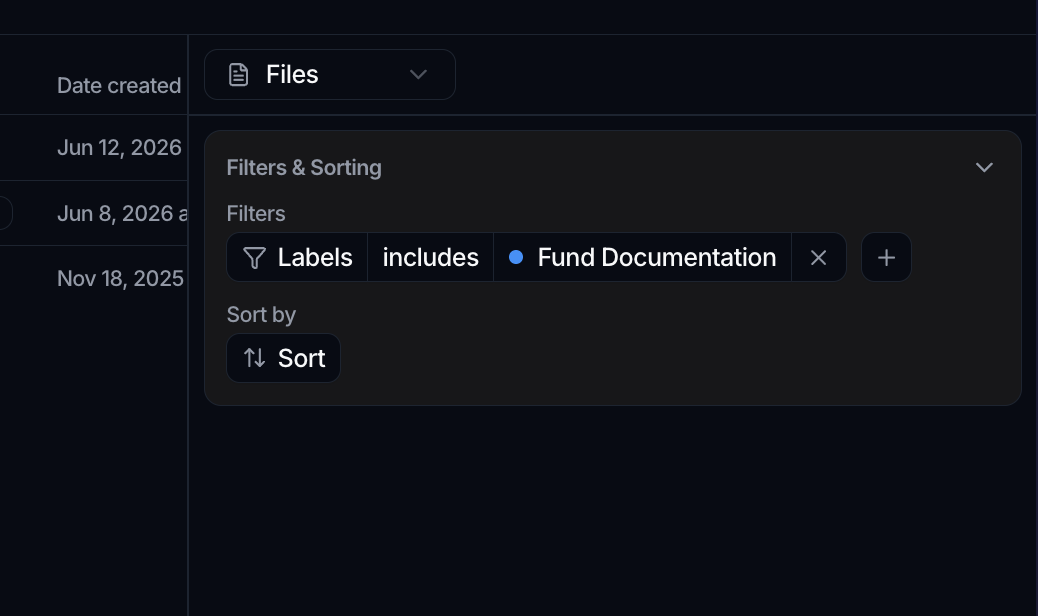A files widget's Filters & Sorting panel with a Filter of Labels includes Fund Documentation, and a Sort by control.