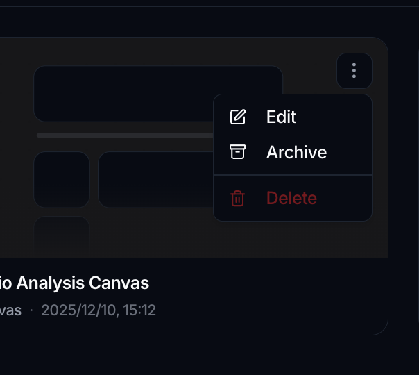 A canvas card's ⋮ menu open, showing Edit, Archive and a destructive Delete.
