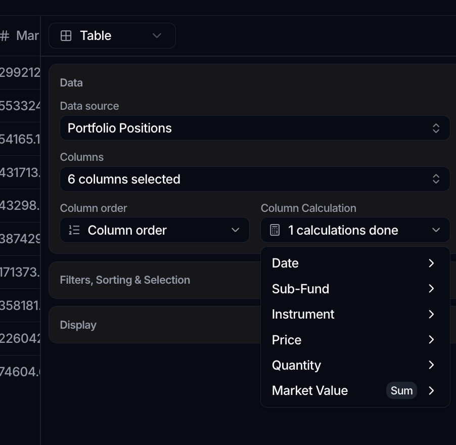 A table's Data panel with Data source Portfolio Positions, 6 columns selected, Column order, and a Column Calculation dropdown listing columns with Sum on Market Value.
