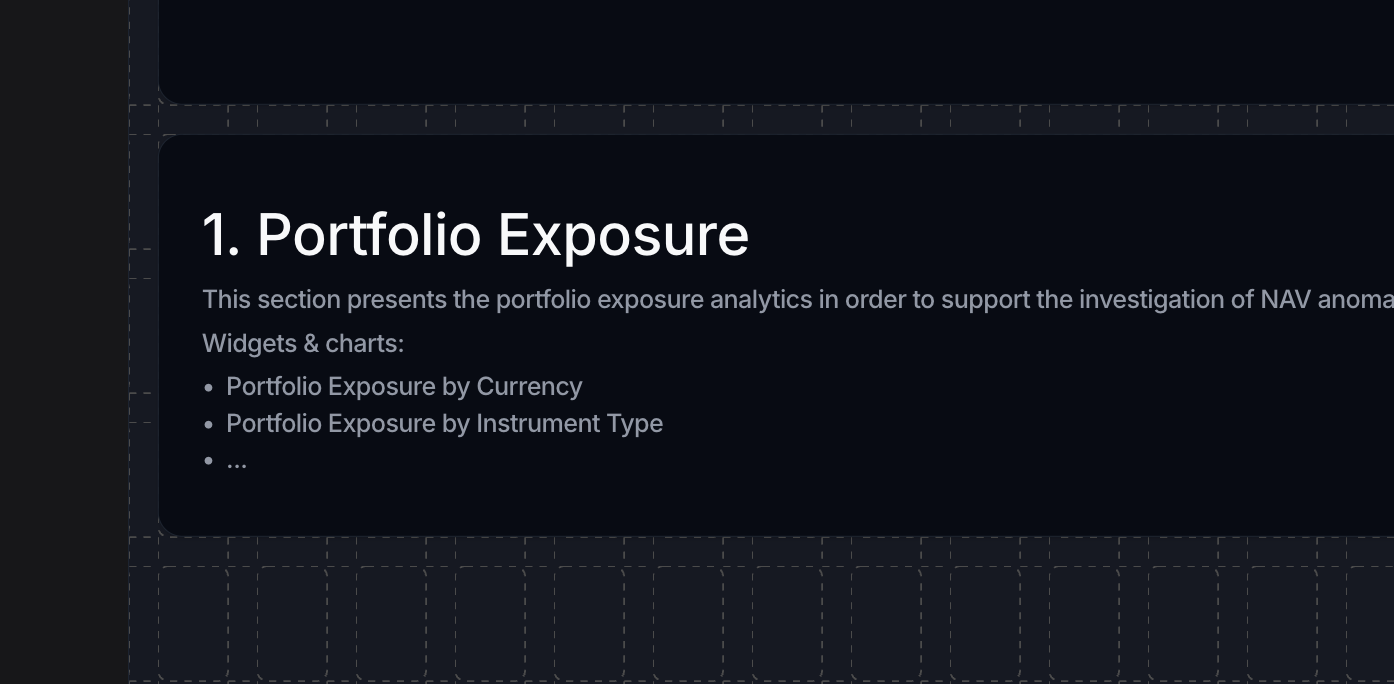 A text widget on a canvas with a heading Portfolio Exposure, a paragraph, and a bulleted list.