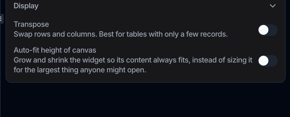 A table widget's Display panel with two switches, Transpose and Auto-fit height of canvas, both off.
