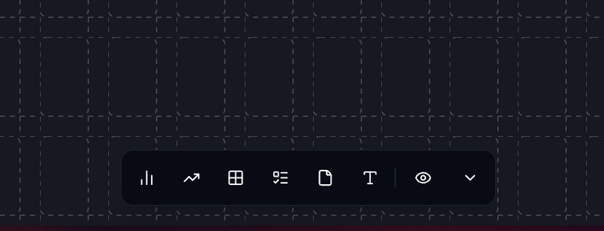 The canvas edit-mode bottom toolbar with icons for chart, KPI, table, tasks, files, text and custom view.