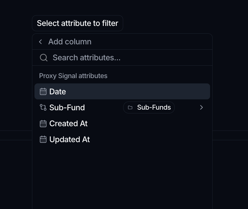A widget's Select attribute to filter popover open, listing the object's attributes (Date, Sub-Fund with a relationship chevron, Created At, Updated At) to bind the context variable to.