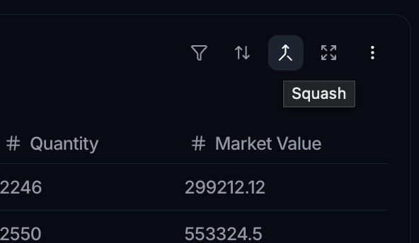 A table widget's header controls with filter, sort, a highlighted Squash icon showing a Squash tooltip, and expand and menu icons.