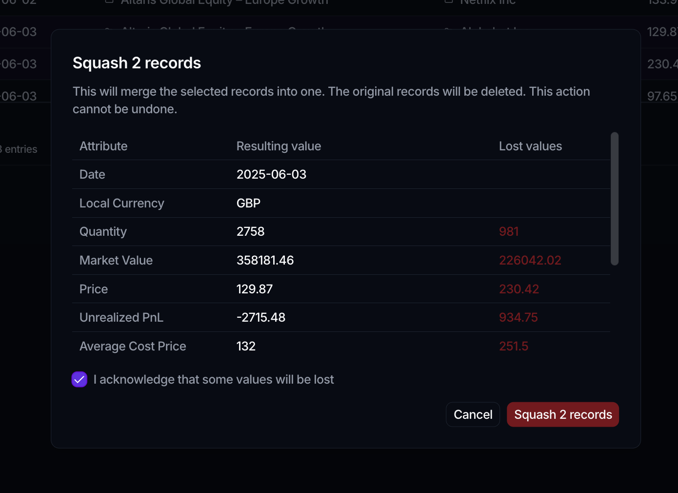 The Squash 2 records dialog: a per-attribute table of Resulting value and Lost values, an acknowledgement checkbox, and Cancel and Squash 2 records buttons.