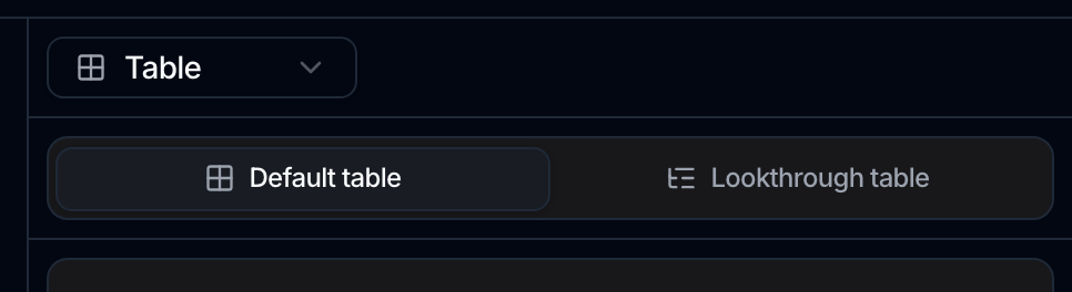 The top of a table widget's panel, with two tabs: Default table, selected, and Lookthrough table.