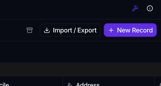 The grid toolbar's top right, with the Import / Export button and the New Record button.
