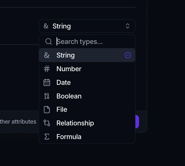 The attribute Type dropdown open, listing String, Number, Date, Boolean, File, Relationship and Formula.