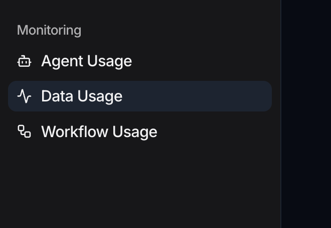 The Monitoring group in the Settings sidebar with Agent Usage, Data Usage (selected) and Workflow Usage.