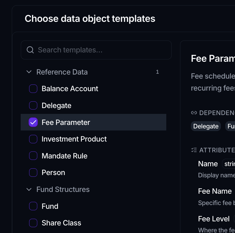 The Choose data object templates dialog: a searchable, grouped list on the left with Fee Parameter selected, and its details on the right.