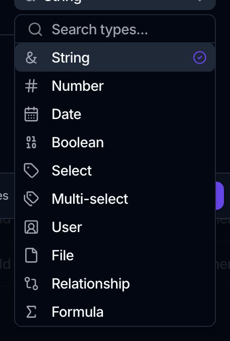 The attribute Type dropdown open, listing String, Number, Date, Boolean, Select, Multi-select, User, File, Relationship and Formula.