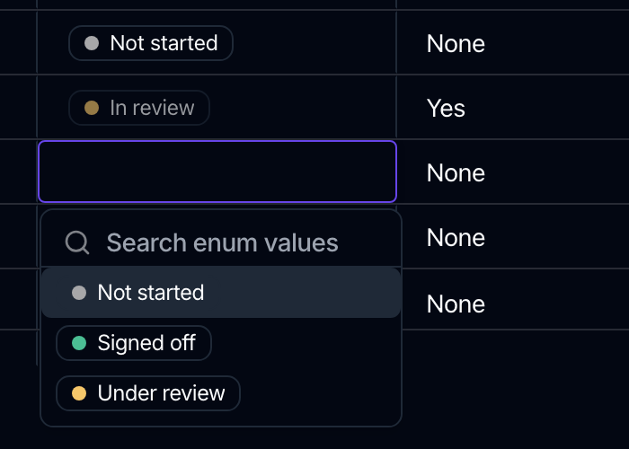 A cell in a Select column open in edit mode, with a Search enum values box above the field's three values, each with its colour.
